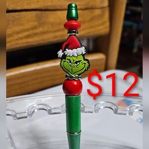 Handmade Green And Red Beaded Grinch Christmas Pen